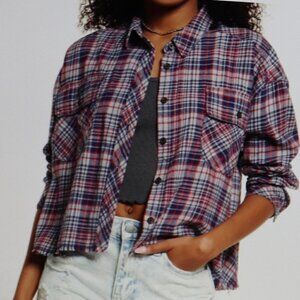 BP Plaid Frayed Hem Crop Shirt Size M